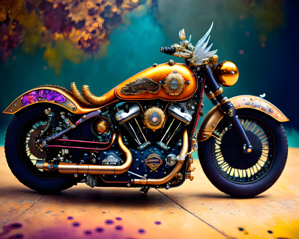 Colorful Custom Motorcycle with Violet and Gold Designs on Autumn Background