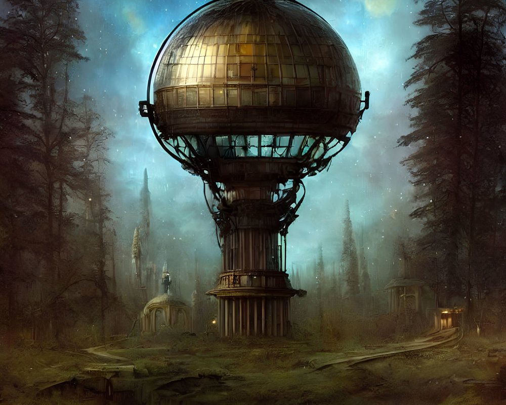 Spherical observatory structure in misty forest with reflection in pond
