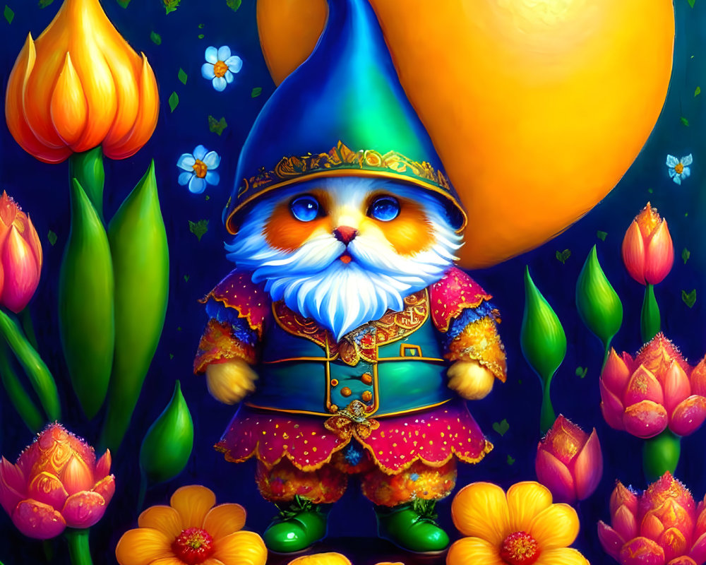 Whimsical cat-faced gnome with blue hat among vibrant flowers