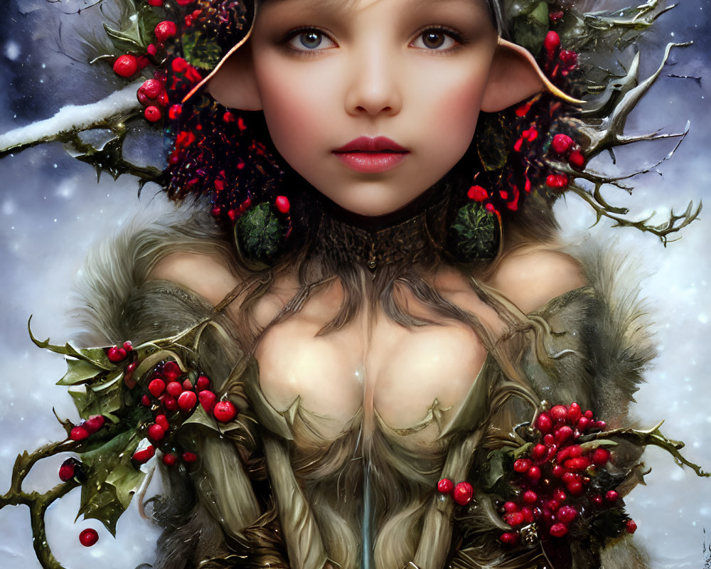 Fantasy portrait of female character with elvish ears and red berries in snowy setting