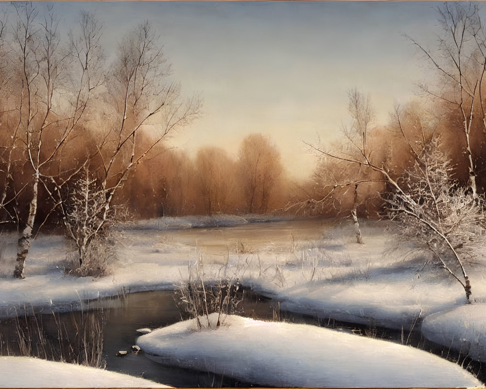 Snow-covered Winter Landscape with Bare Trees and Unfrozen Stream