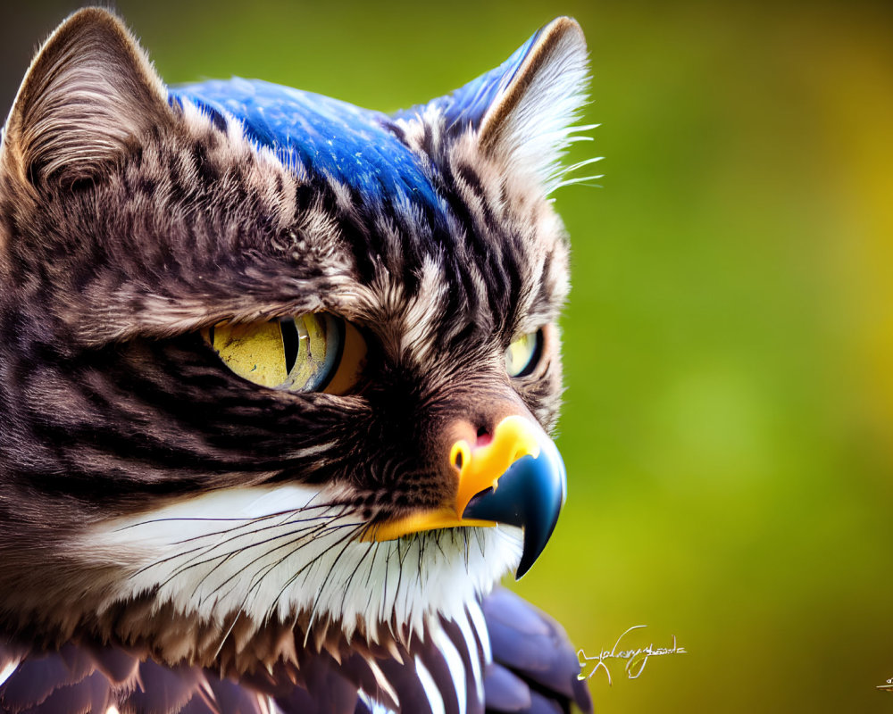 Digital artwork: Cat and bird of prey fusion with fur and feather textures, intense yellow eyes