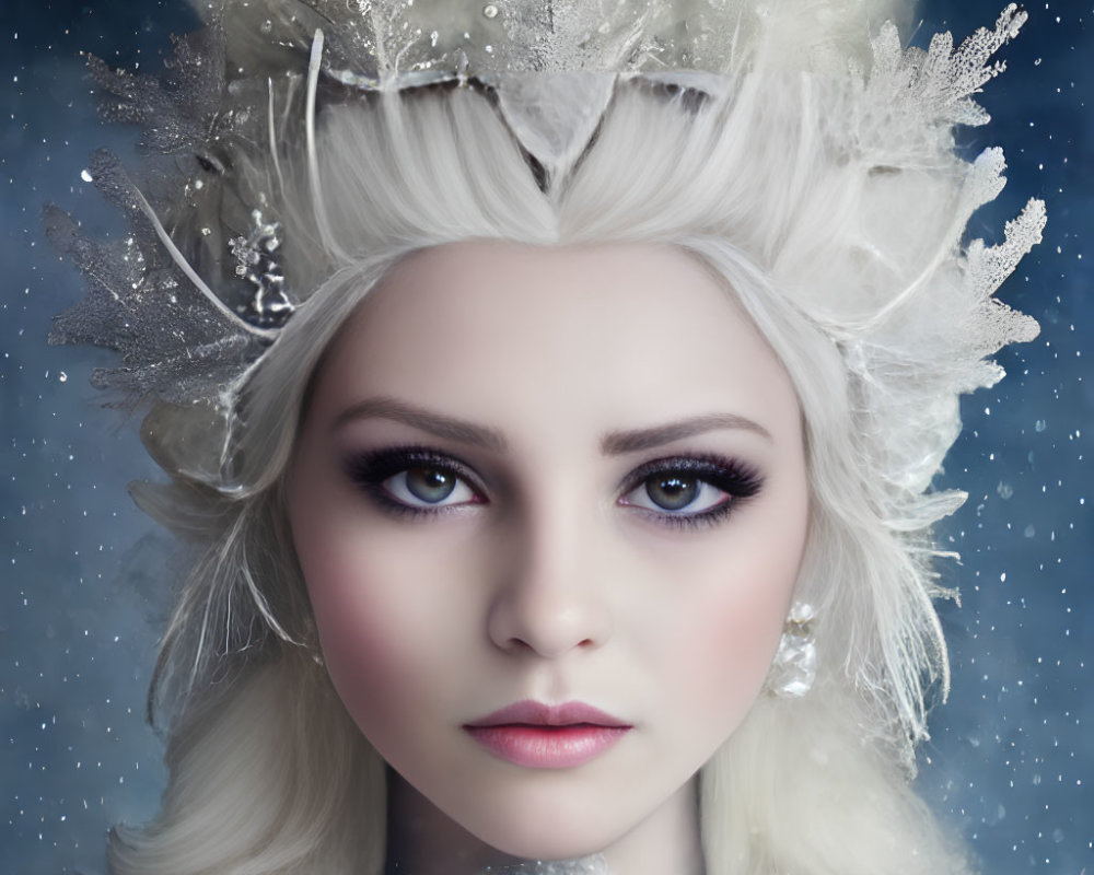 Portrait of person with dark eyeliner and icy winter headpiece