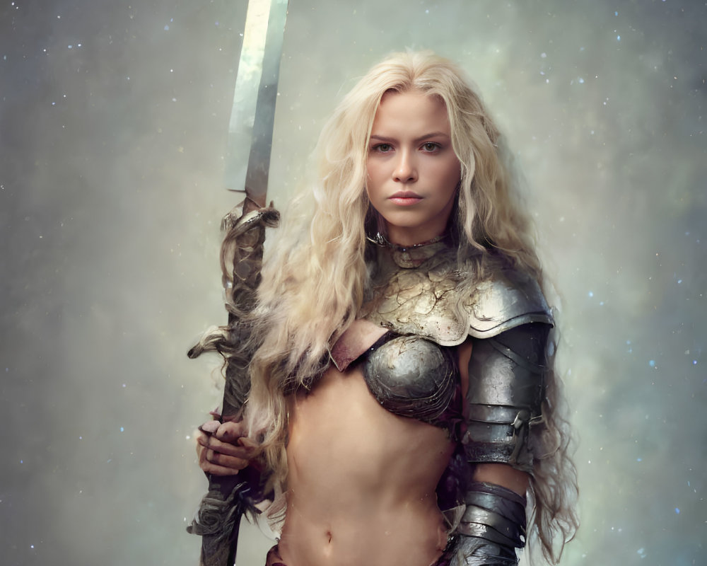 Blonde female warrior in silver armor wields sword against mystical backdrop