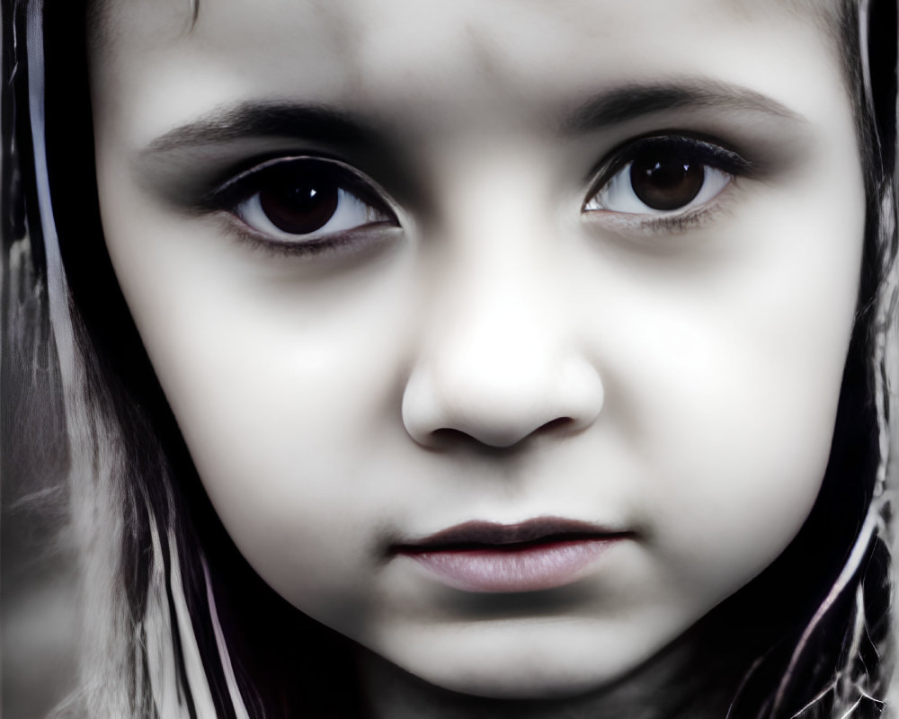 Young child with solemn expression and dark eyes in desaturated close-up.
