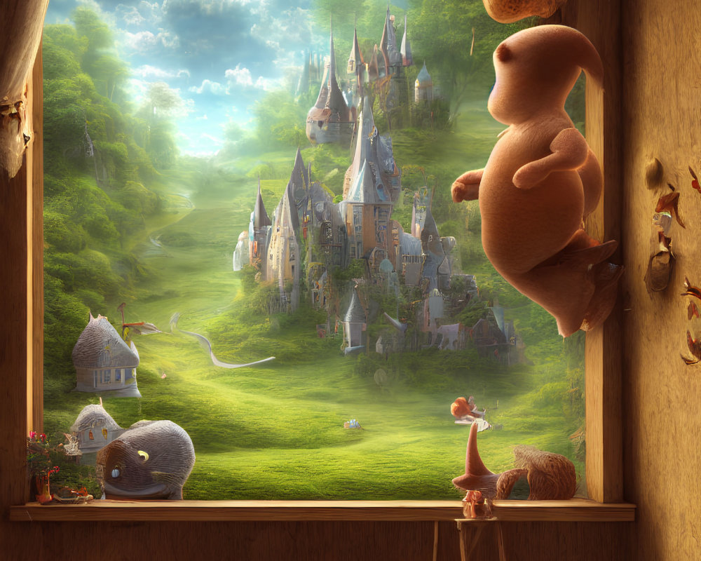 Fantastical room interior with toys and magical landscape view