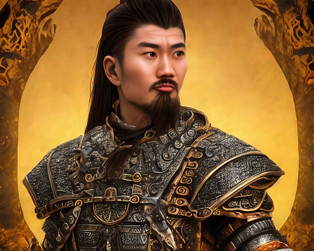 Asian warrior in ornate armor with mustache and goatee on golden background