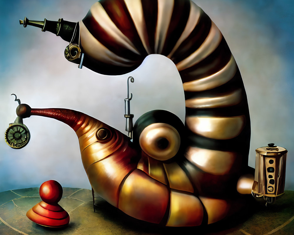 Surreal art of metallic snail with telescope, clock pendulum, and machinations