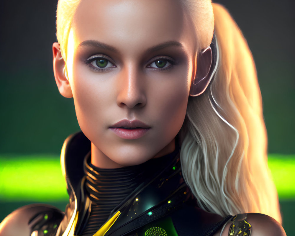Futuristic digital art: Woman with platinum blonde hair in neon green lights