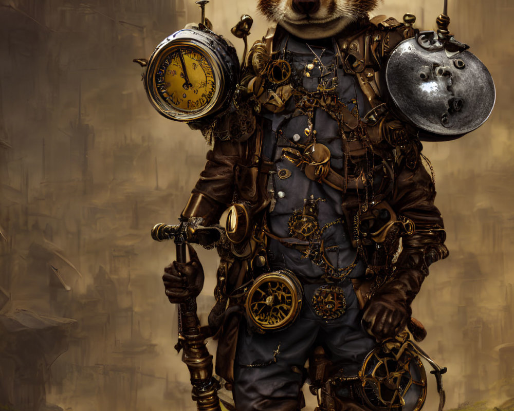 Anthropomorphic meerkat in steampunk attire with clocks and gears