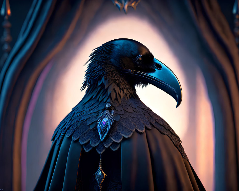 Majestic raven with pendant on purple drapery