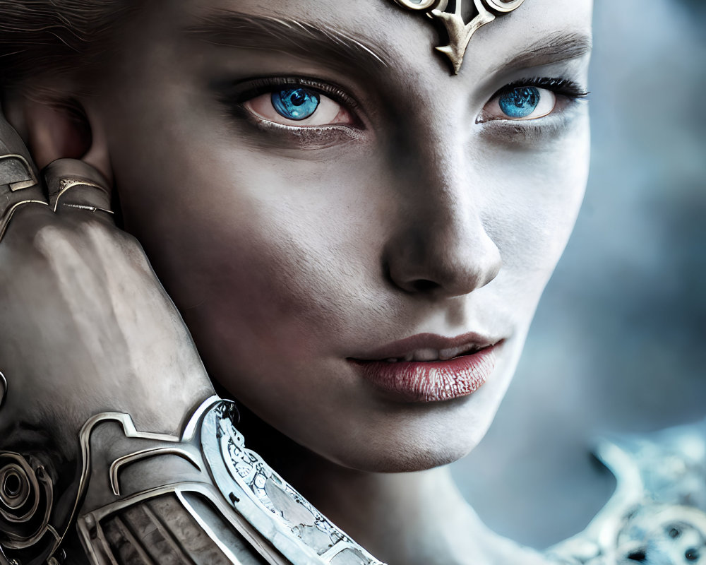 Fantasy portrait: Person with blue eyes in silver armor and gold headpiece on moody backdrop