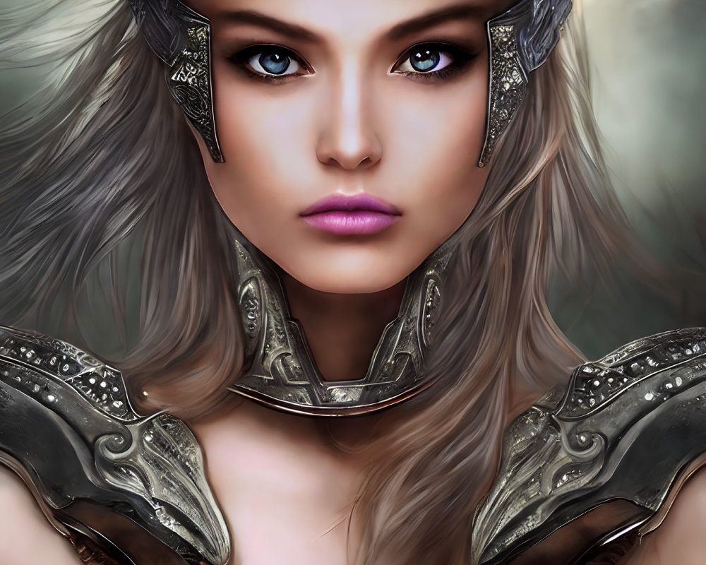 Female warrior portrait: blue-eyed, metal helmet, armor, flowing hair