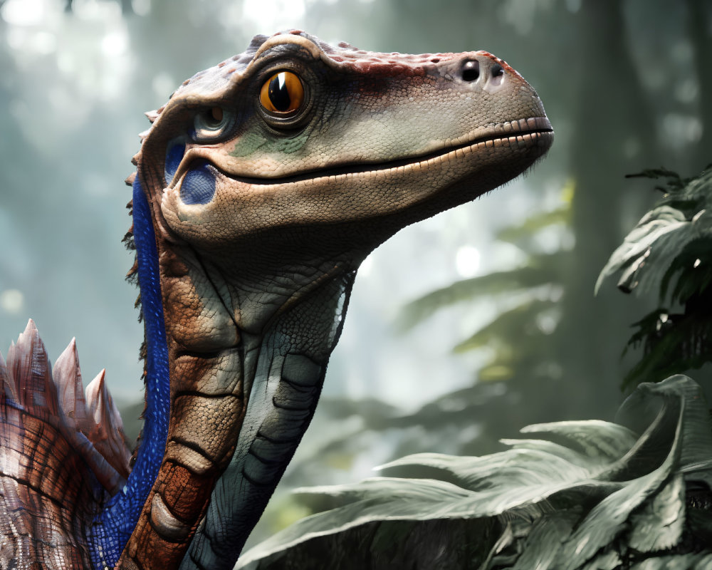 Detailed Velociraptor with Orange Eyes in Misty Forest Setting