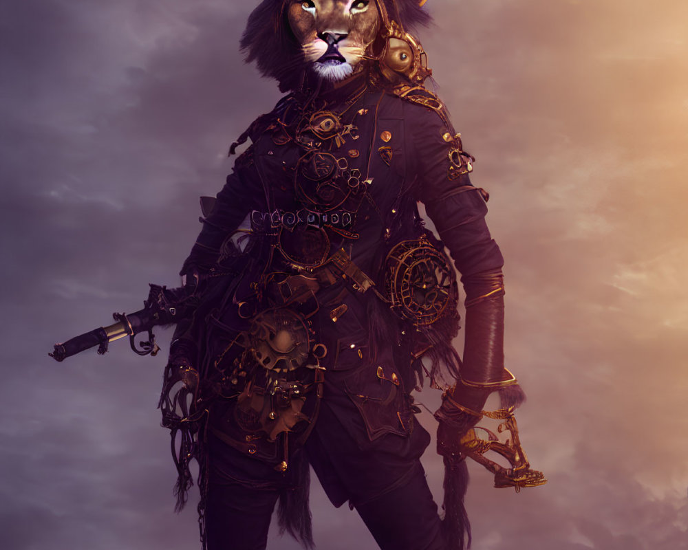 Lion-headed humanoid in gothic armor with clockwork details holding a pistol under dusky sky