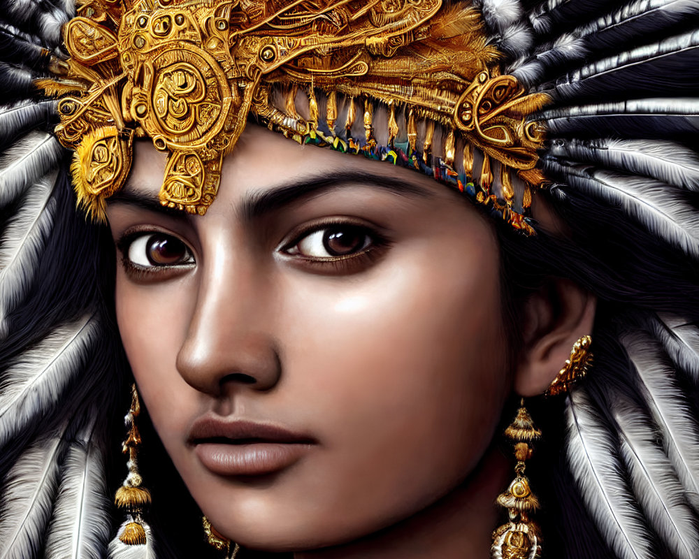 Detailed portrait of woman with golden headdress and jewelry