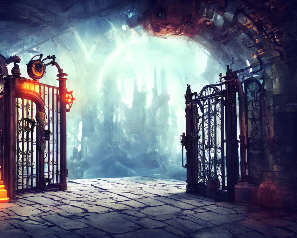 Ethereal fantasy chamber with ornate gates to ancient ruin city