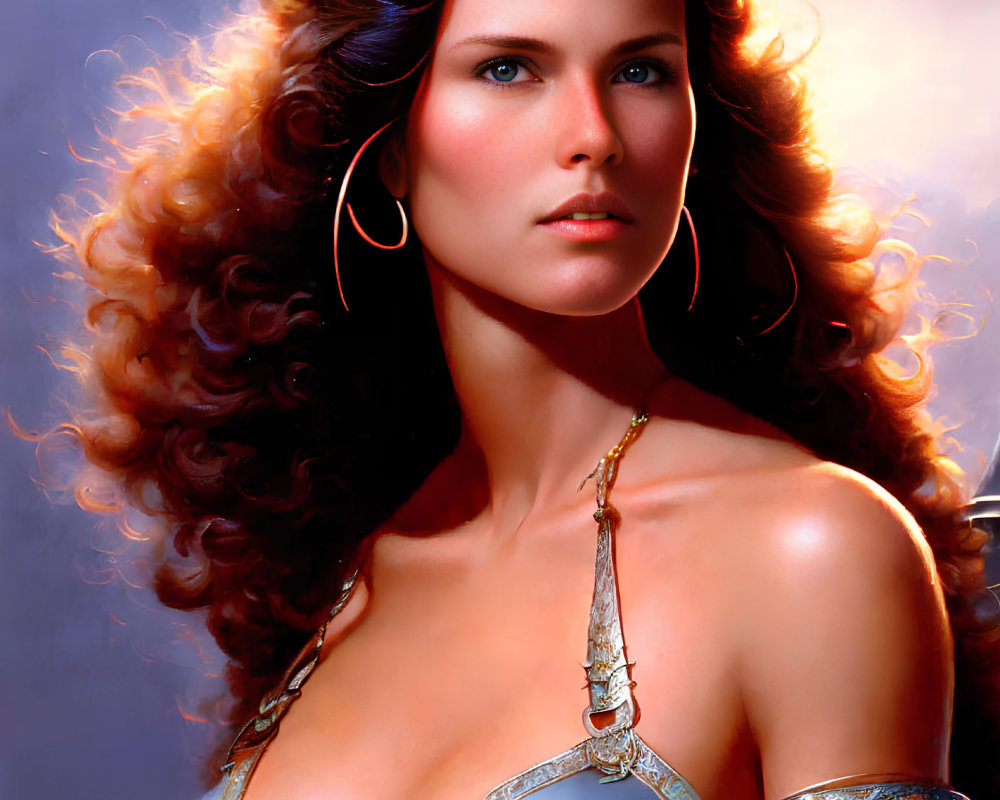 Illustration of woman with voluminous curly hair, hoop earrings, gem forehead piece, metallic armor,