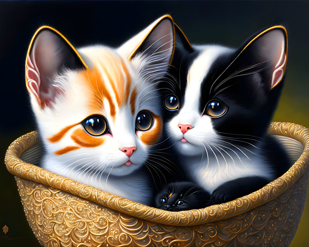 Two cute kittens in orange and black and white colors, cozy in a golden basket