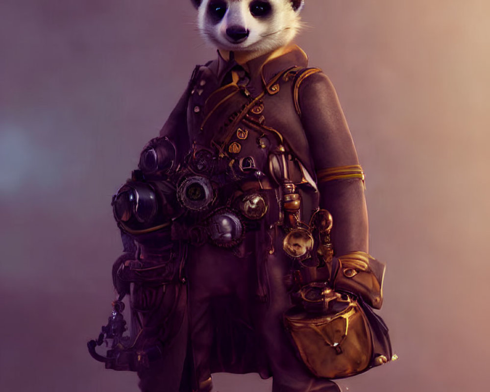 Steampunk adventurer meerkat with goggles and gear in sepia-toned setting