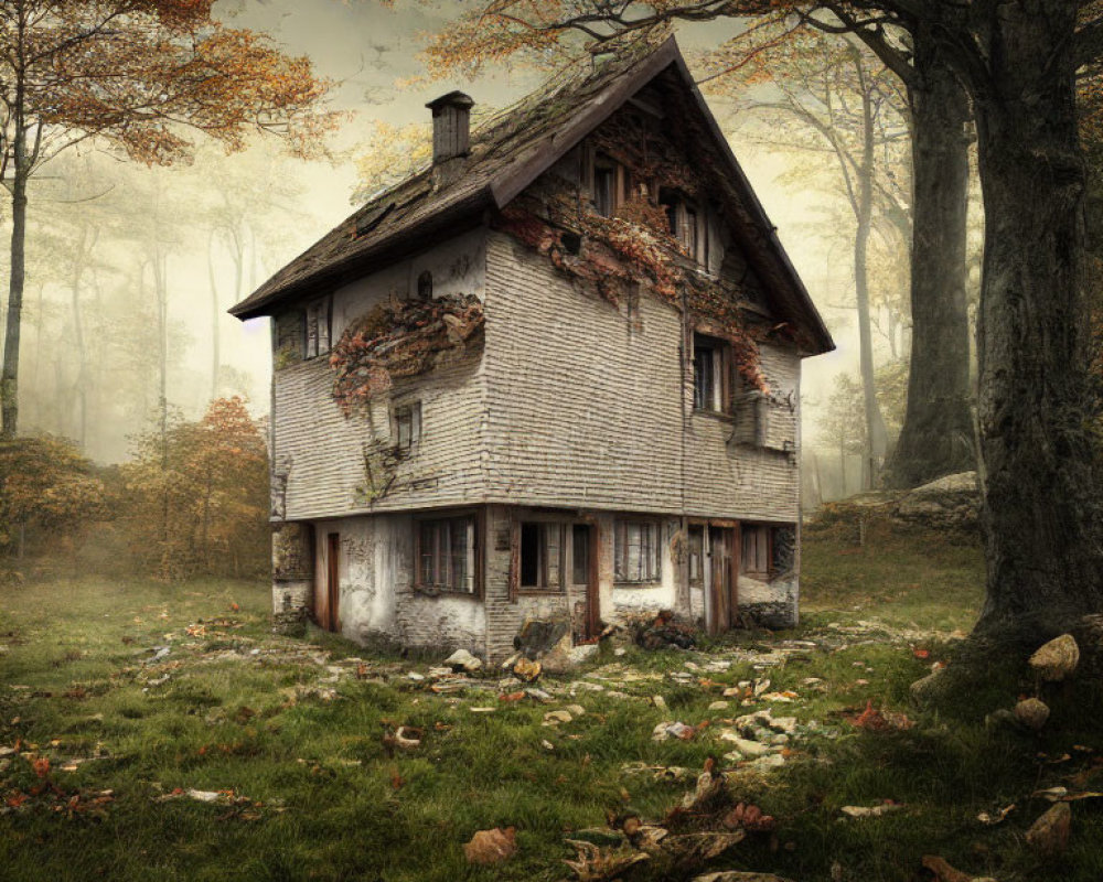 Weathered three-story house in misty autumn forest with ivy-covered walls.