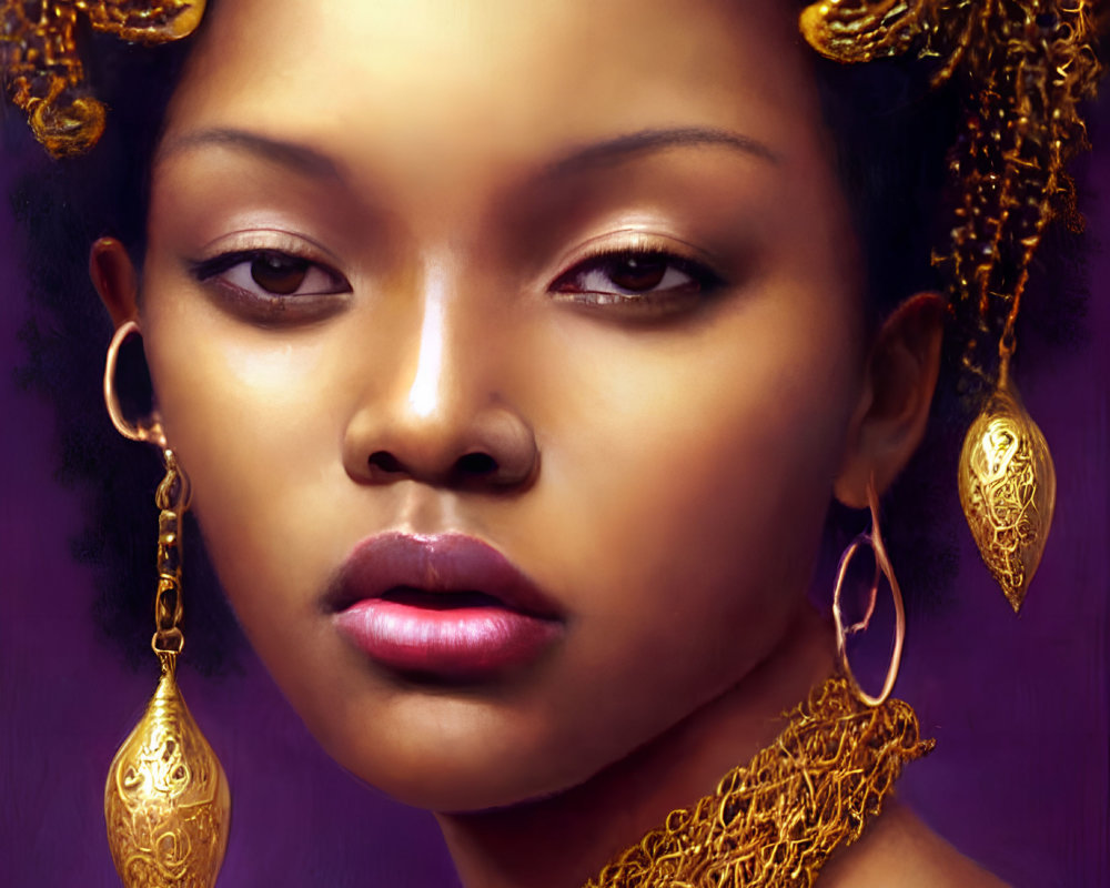 Digital portrait of woman in golden jewelry on warm-toned background