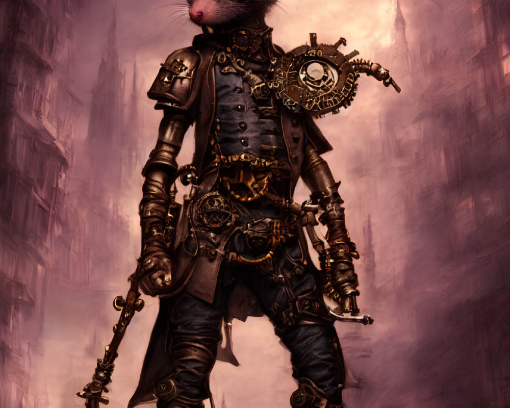 Steampunk-themed anthropomorphic mouse with mechanical arm and goggles under full moon