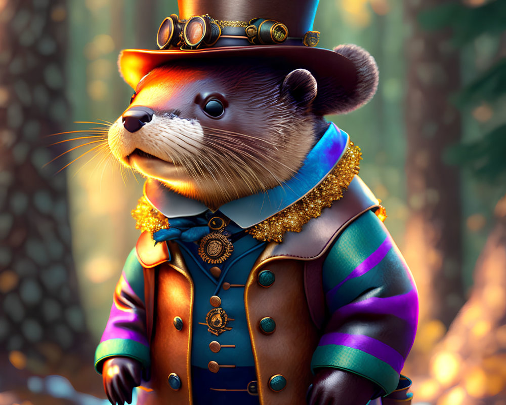 Steampunk-inspired anthropomorphic otter in forest setting