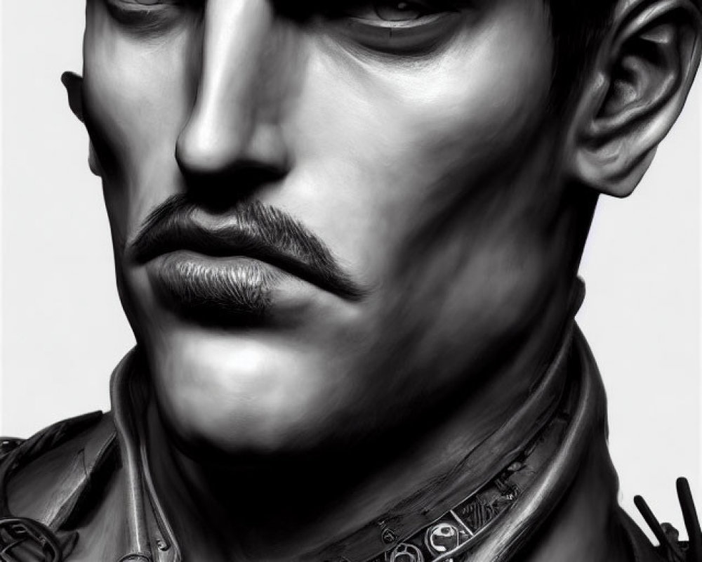 Monochromatic digital art of stern-faced man with prominent cheekbones and mechanical collar.