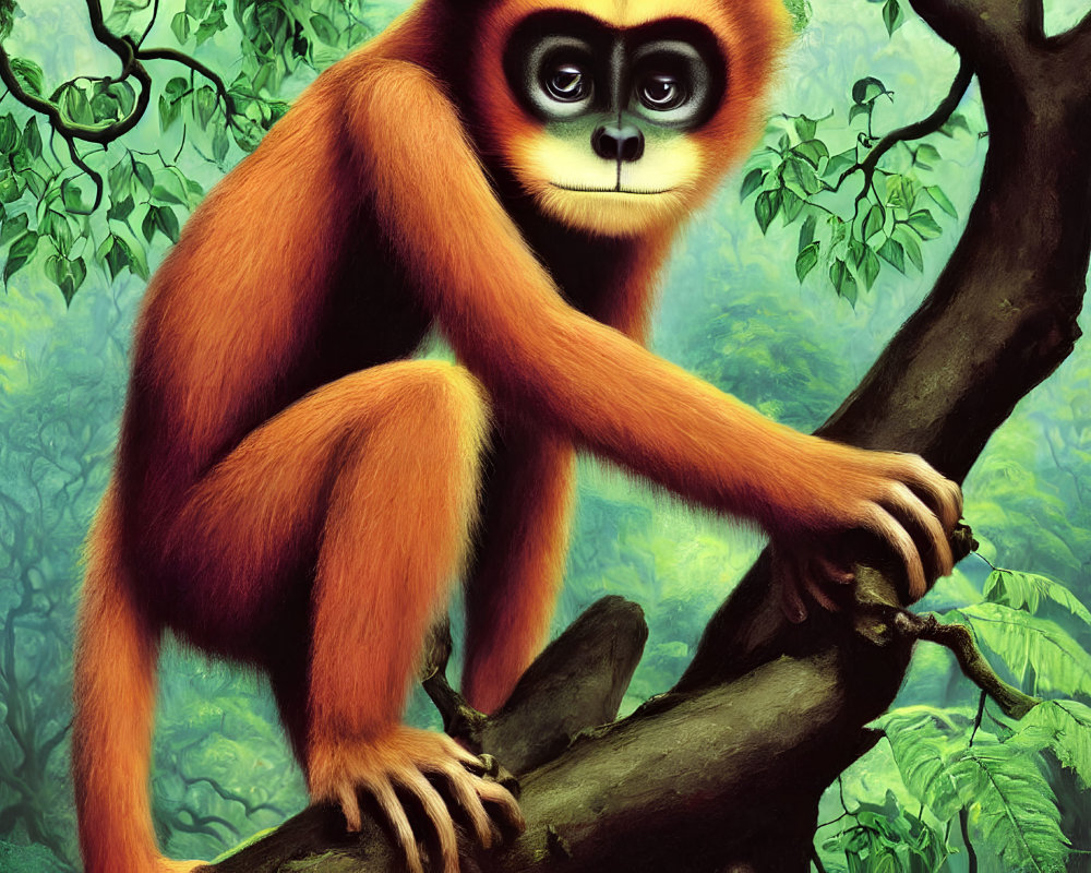 Illustration of expressive-eyed orange monkey on tree branch in green forest