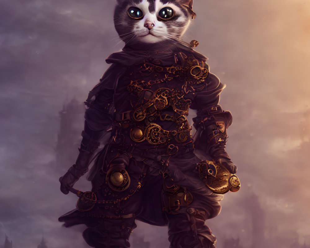 Fantasy Artwork: Cat in Medieval Armor at Dusk