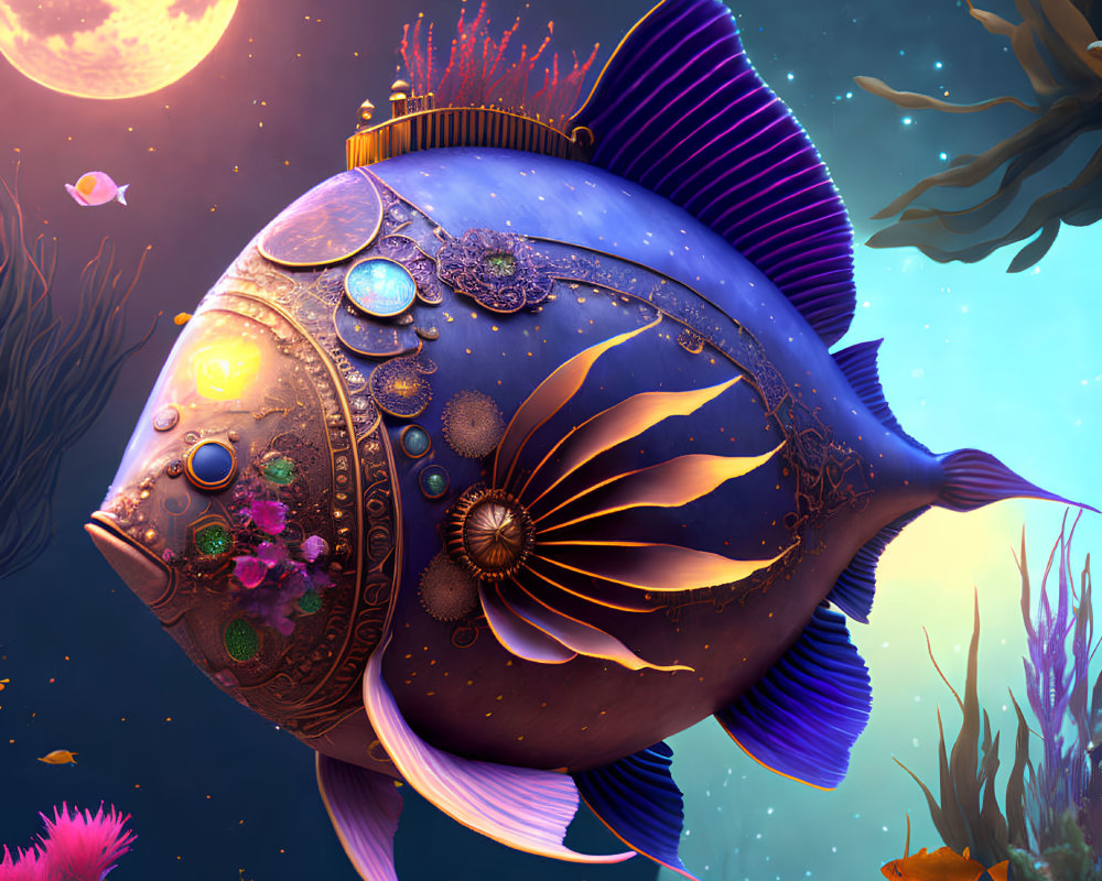 Colorful digital artwork: Stylized fish with intricate patterns in moonlit underwater scene