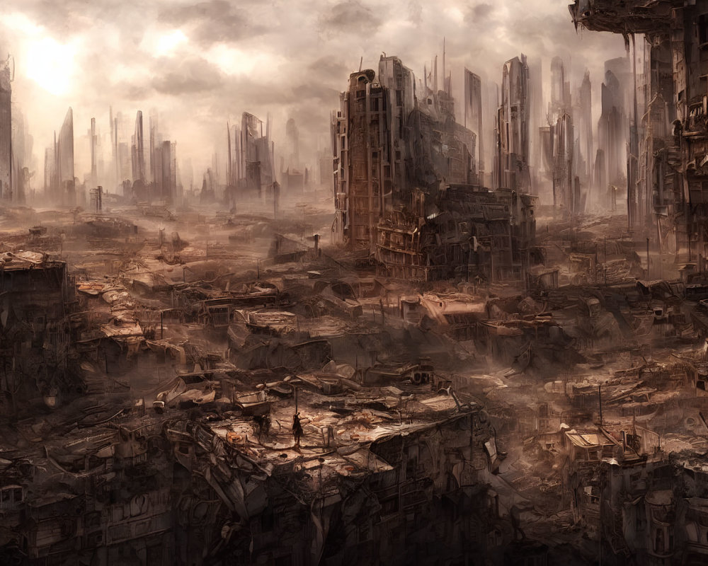 Dystopian cityscape with crumbling buildings in vast wasteland