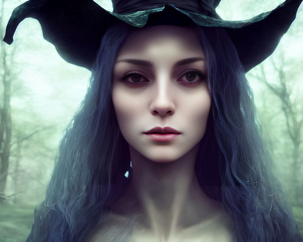 Portrait of woman with blue eyes and horned headdress in misty forest.