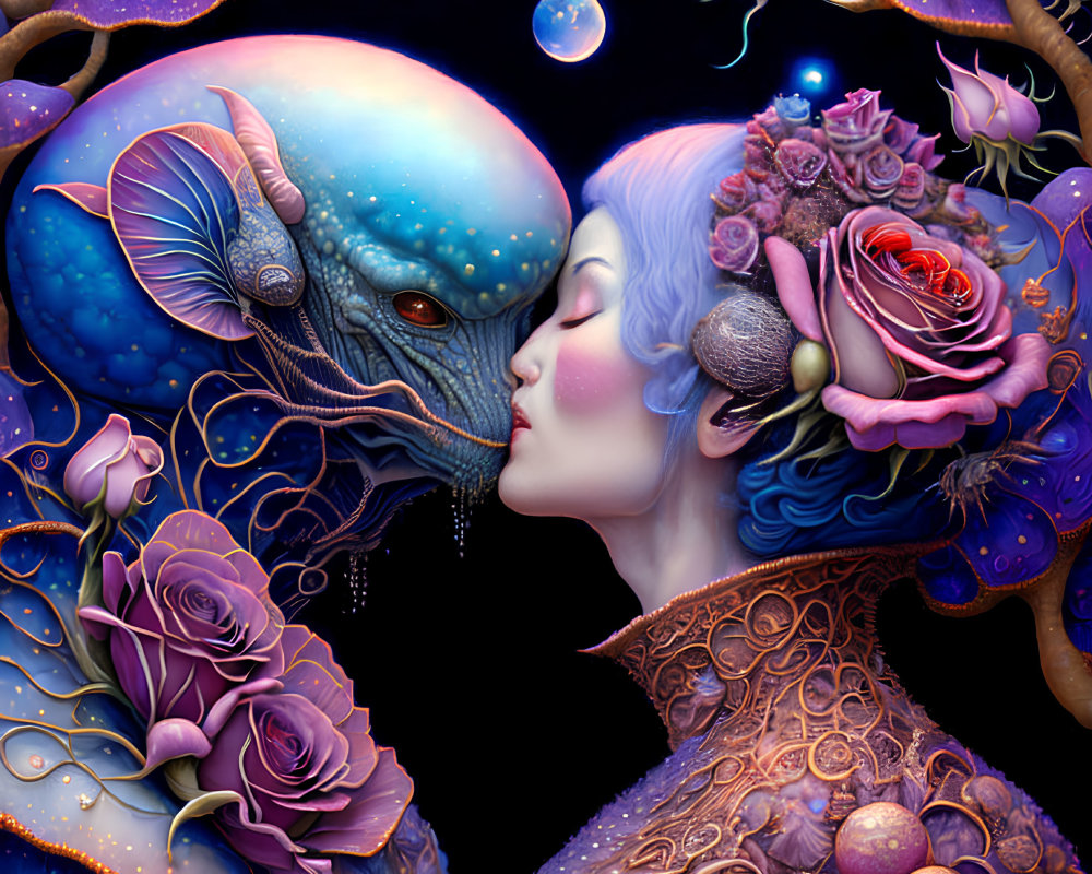 Fantasy illustration of human woman kissing reptilian creature in floral setting