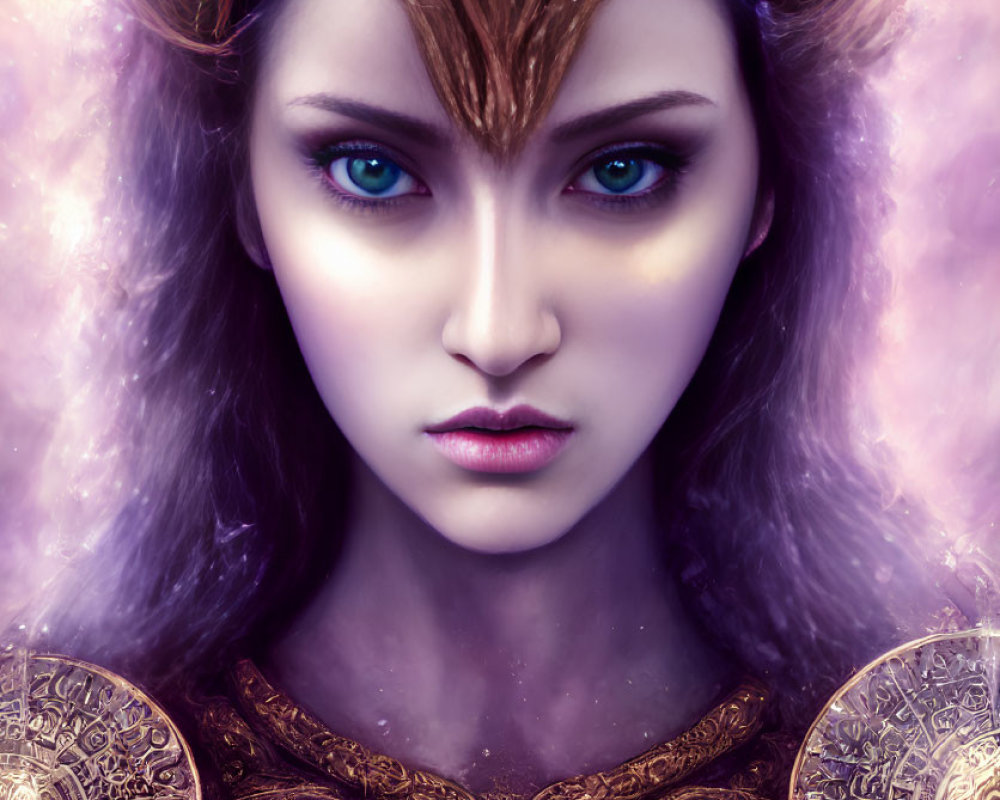 Digital artwork of a woman with mystical aura and ornate antler crown, wearing intricate armor.