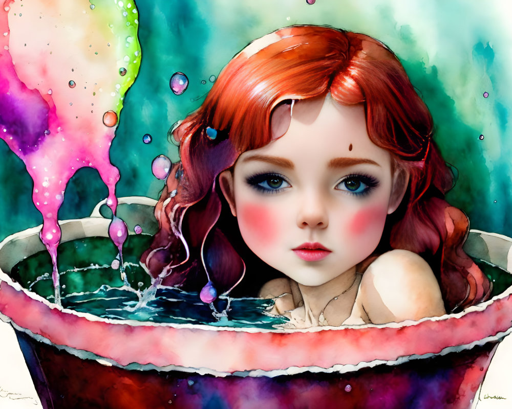 Colorful Illustration: Red-Haired Girl in Bubble Bath