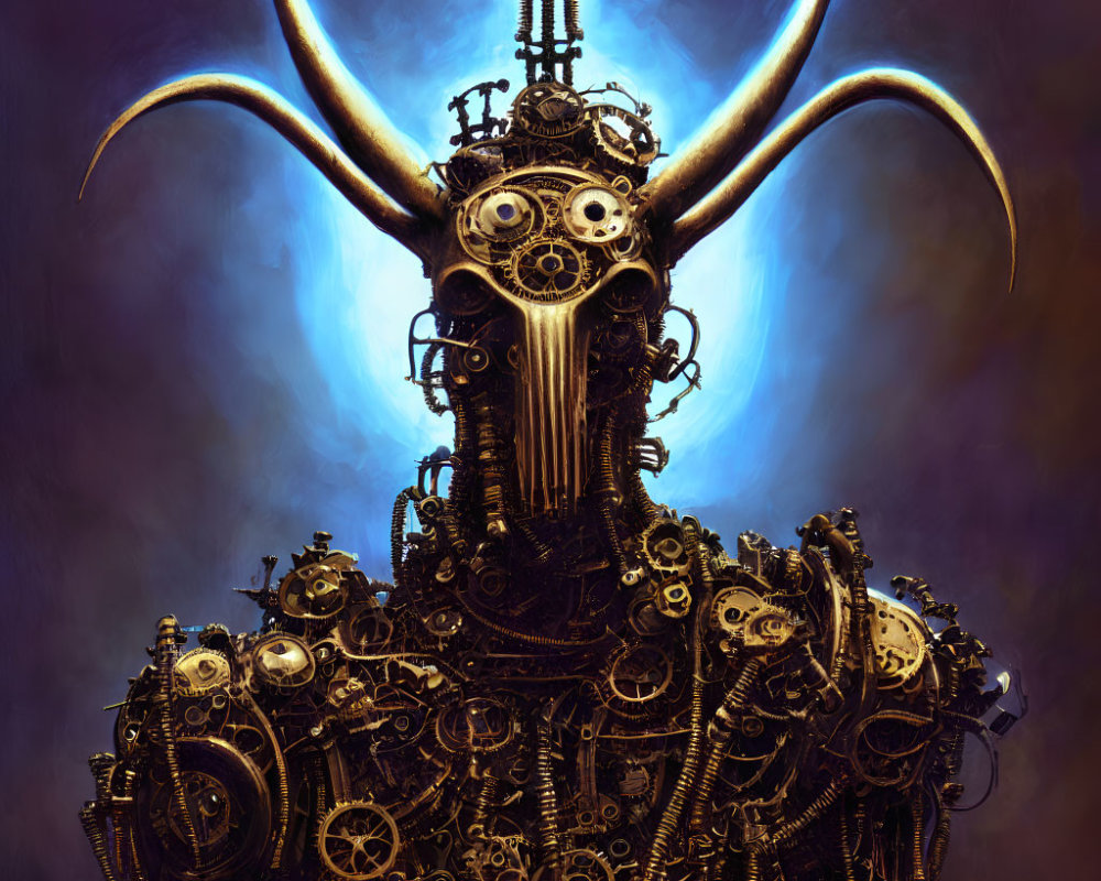 Steampunk mechanical creature with gear body and horns on blue background