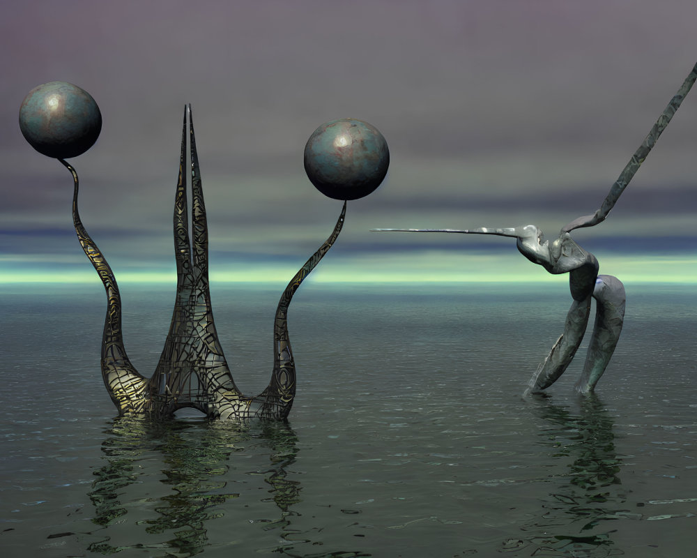 Surreal landscape with humanoid figure, spear, abstract structures, and orbs under cloudy sky