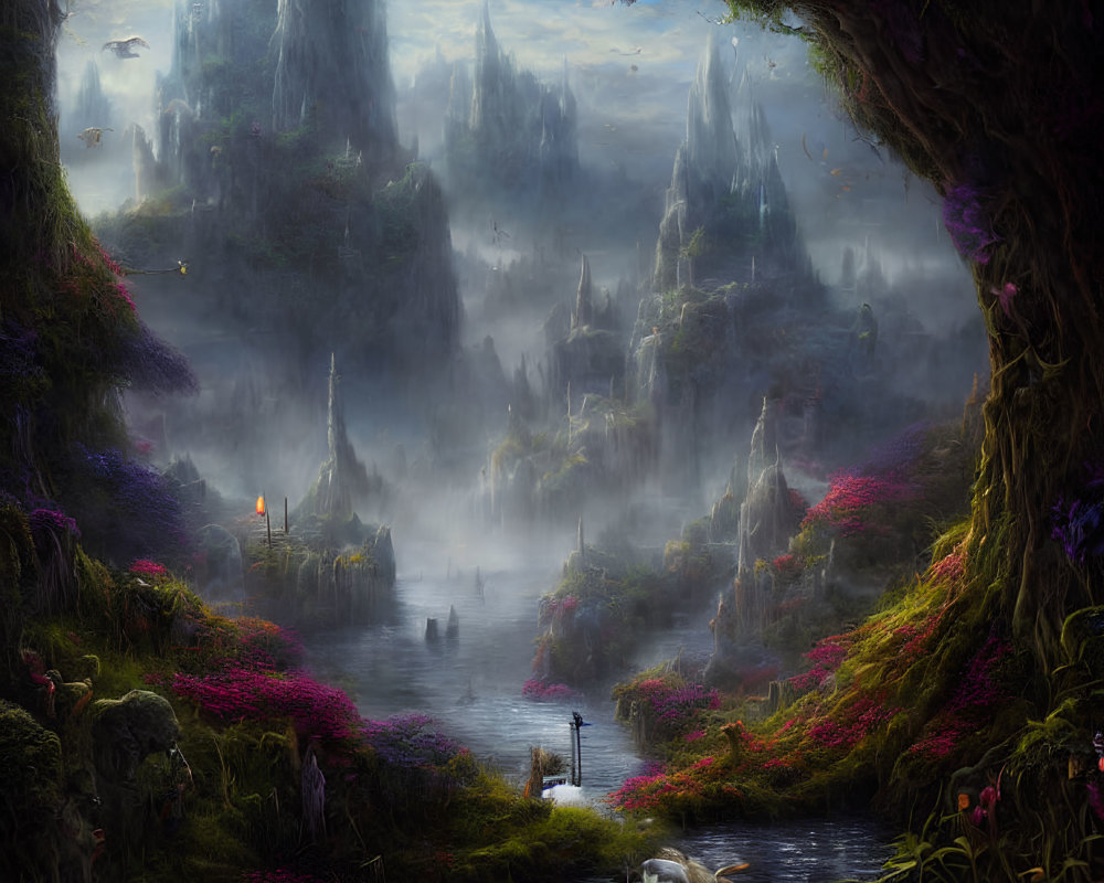 Mystical landscape featuring river, floating rocks, lush greenery, colorful flora, lone figure,