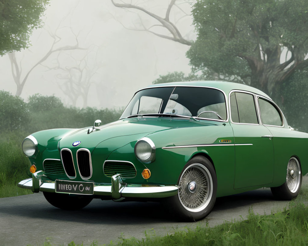 Vintage Green BMW 502 on Misty Forest Road