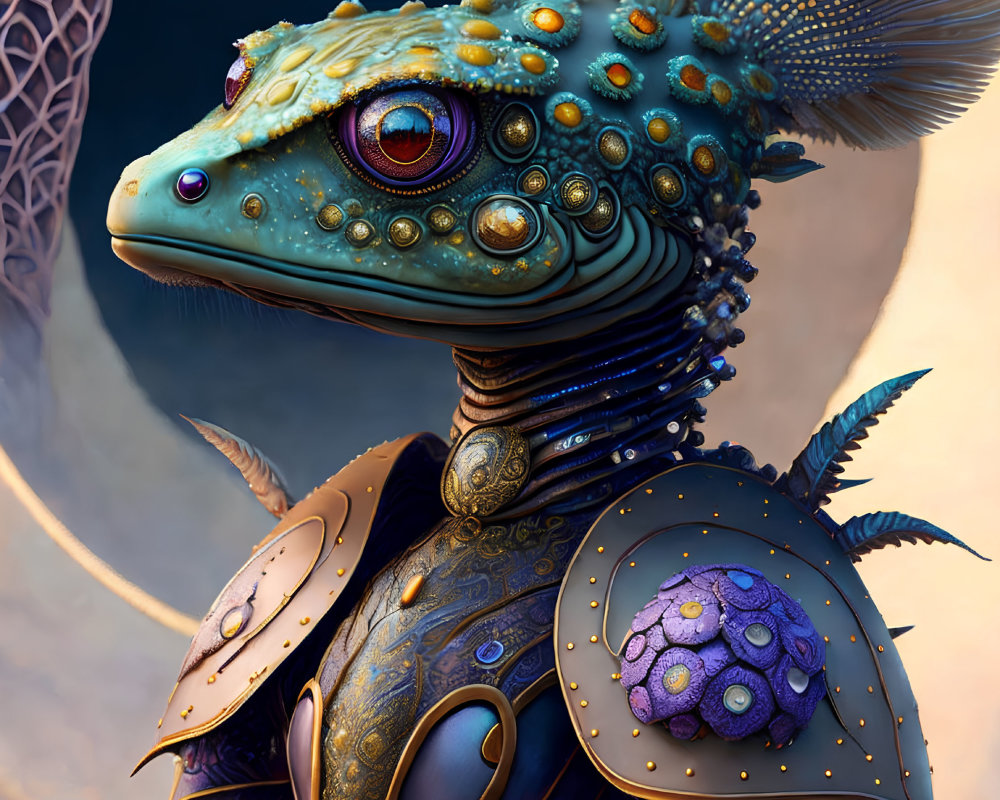 Intricate Golden Armor on Lizard-Like Creature in Dreamy Pastel Setting