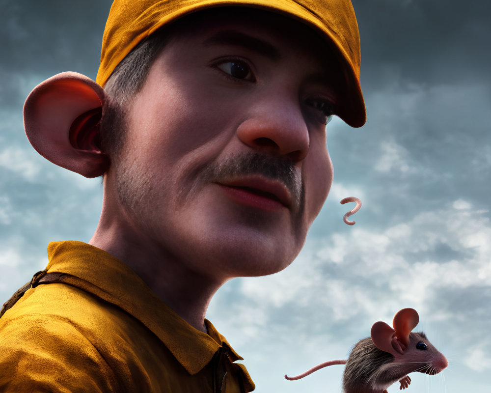 Man with Large Ears and Yellow Cap Holding Mouse Under Cloudy Sky