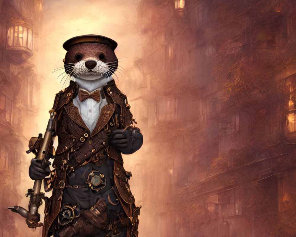 Steampunk-themed anthropomorphic otter in Victorian street with mechanical arm