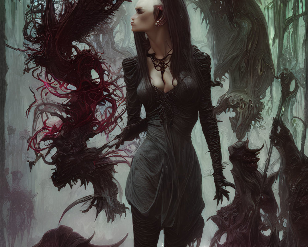 Gothic fantasy female character in misty twisted forest