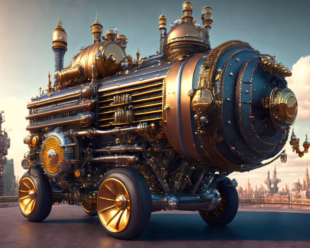 Steampunk-style locomotive with brass detailing in industrial cityscape