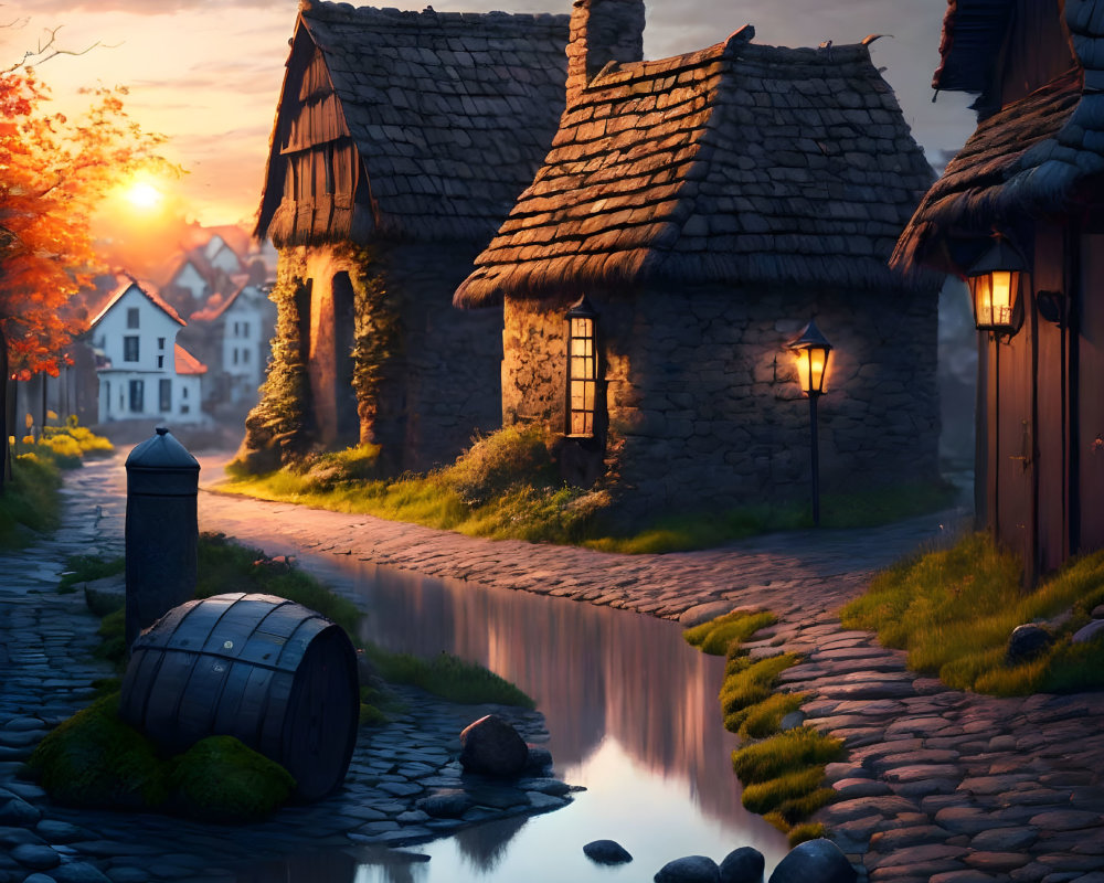 Charming sunset scene of village with cobblestone path and stone cottages