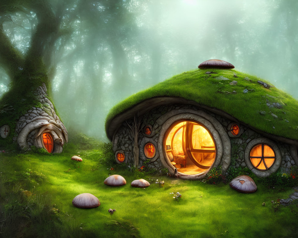 Enchanting forest scene with moss-covered cottage and oversized mushrooms