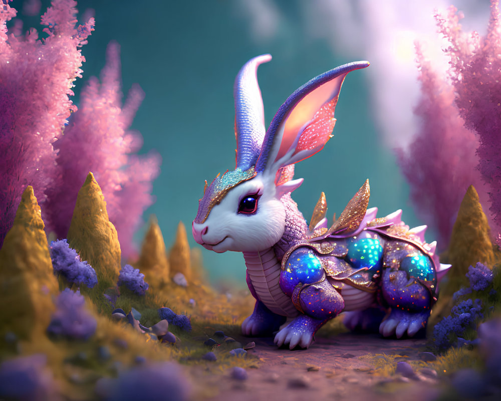 Rabbit-headed dragon in colorful whimsical landscape