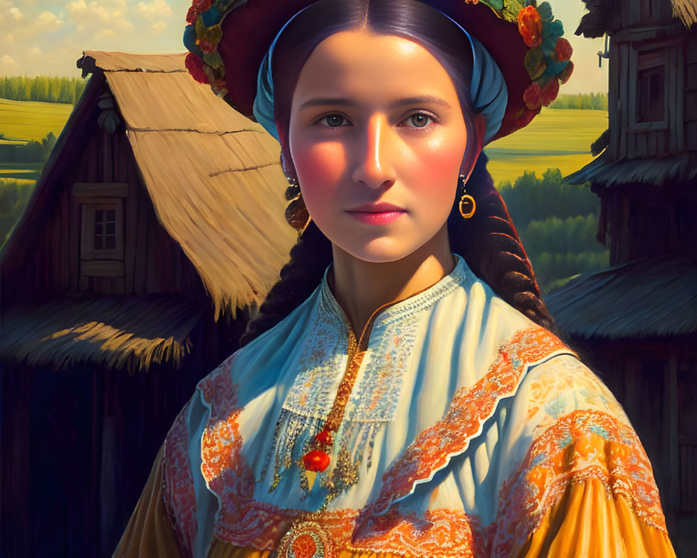 Traditional Folk Costume Woman with Floral Wreath Headband Standing by Wooden Buildings